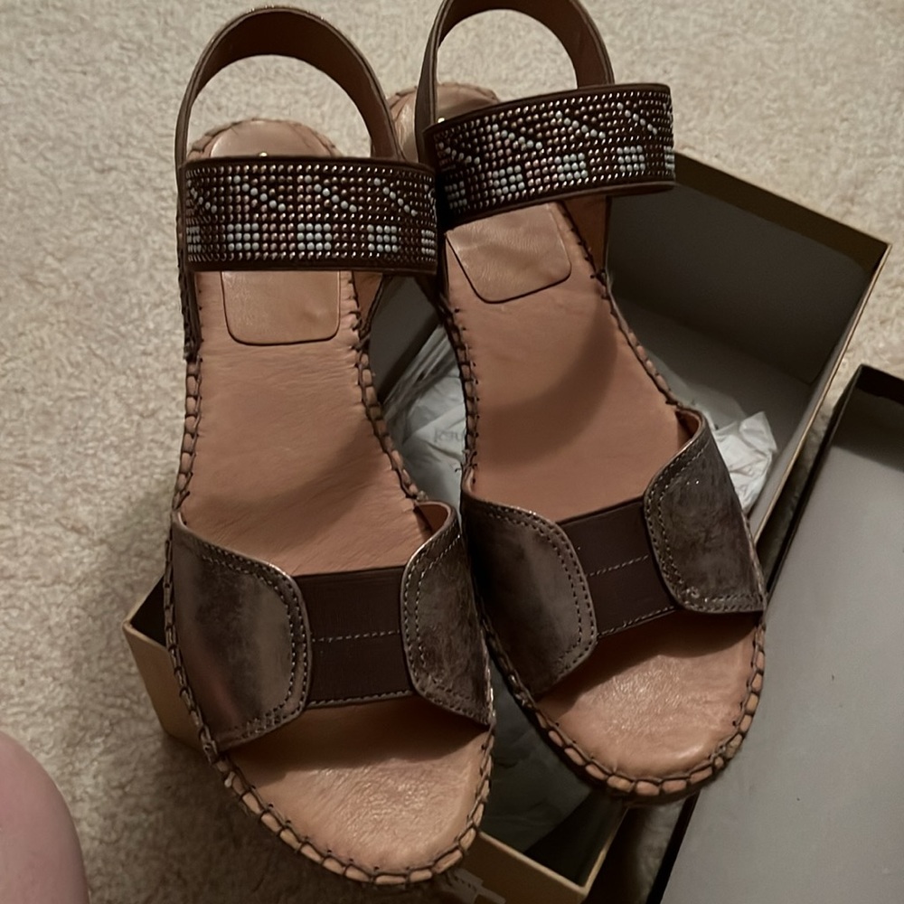 Kanna Gold and Brown Leather Sandals with Espadrille Wedge Heels
